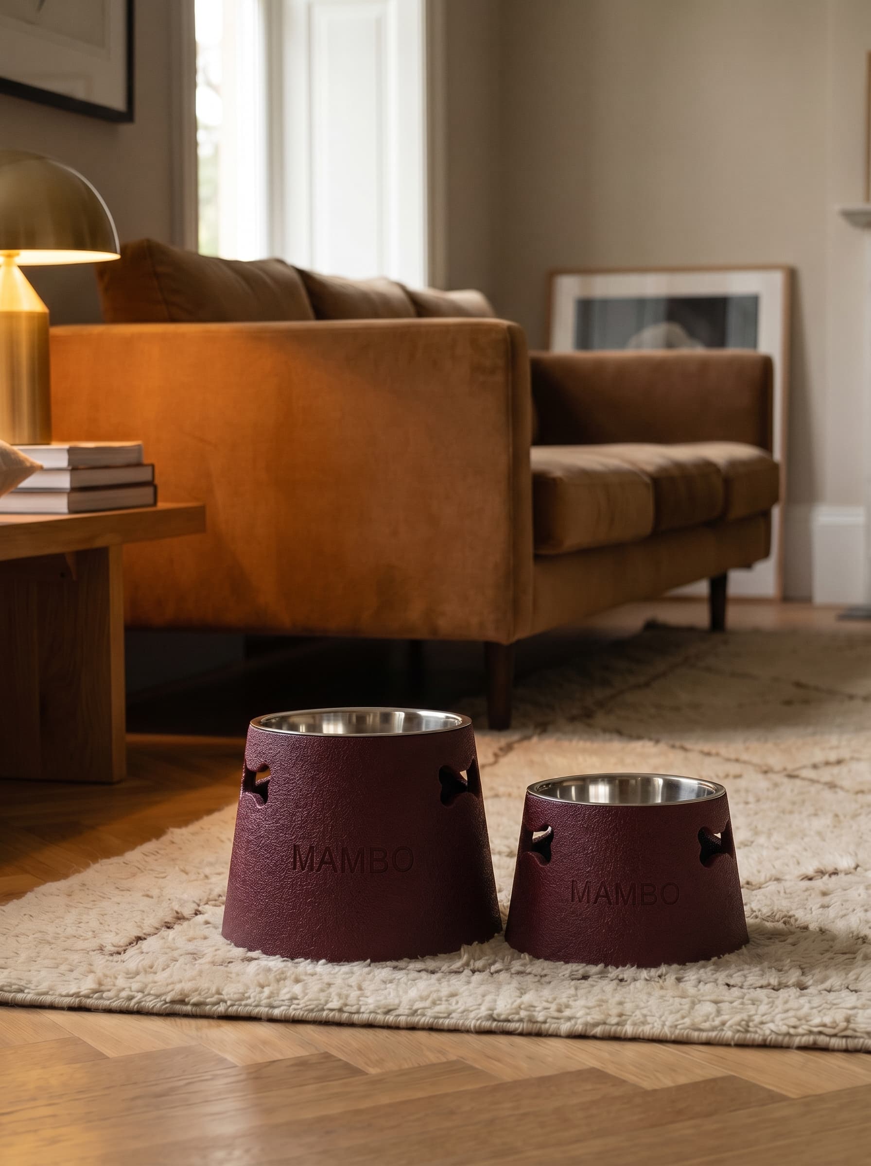 Burgundijas Mambo bļodas klasiskās viesistabas interjerā, velveta dīvāns, kamīns, zelta lampa